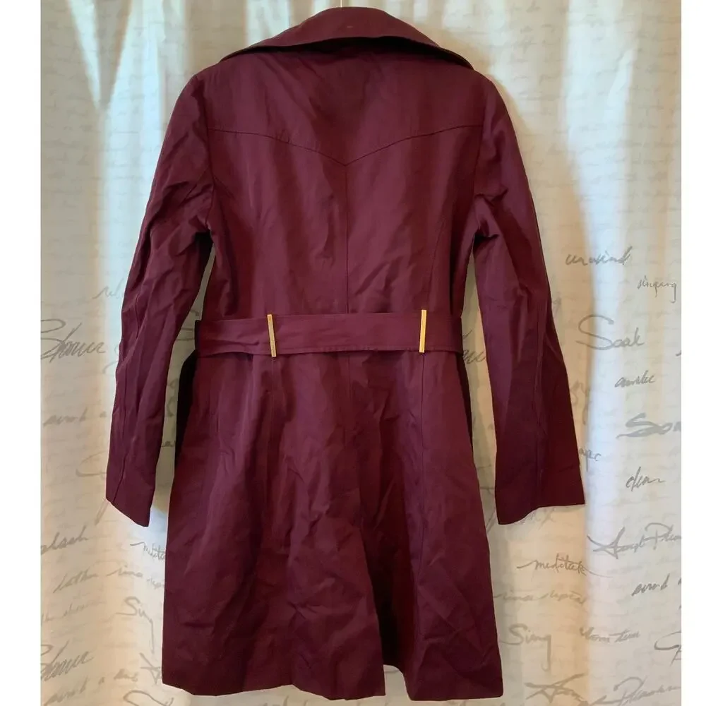 Michael Kors Womens Trench Coat Small Burgundy Belted Jacket Gold Hardware